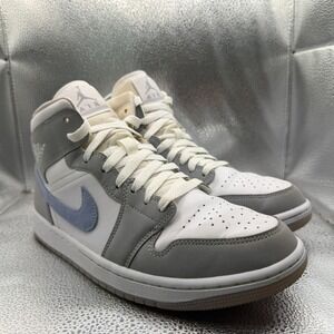 Size 9.5 Air Jordan 1 Mid Wolf Gray Aluminum Womens Athletic Sneakers BQ6472-105